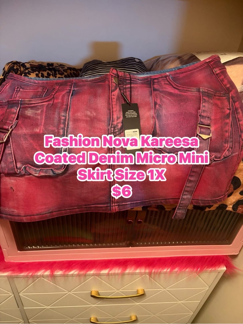 Fashion Nova Pink Coated Denim Micro Mini Skirt